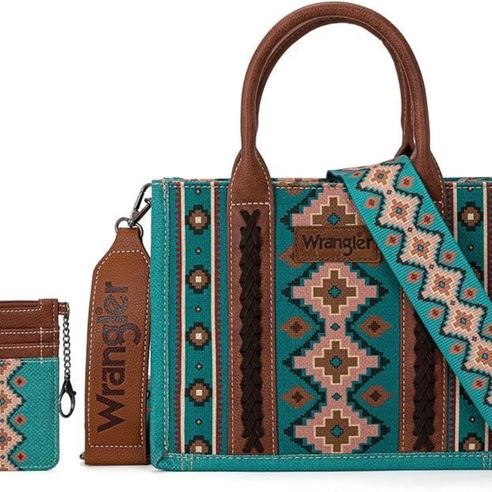 Wrangler Aztec Small Tote/Crossbody and Card Case Set 2Pc- Turquoise - Picture 2 of 3